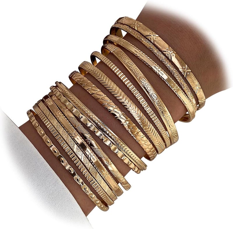 17IF Gold Bangle Bracelet For Women, 14k Multilayer Charm Textured Stackable Bracelets Boho Indian Chunky Cuff Fashion Jewelry Gift - Image 1